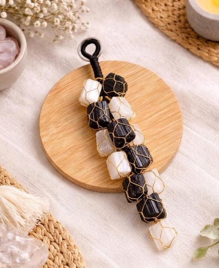 Selenite & Black Tourmaline Crystal Hanging